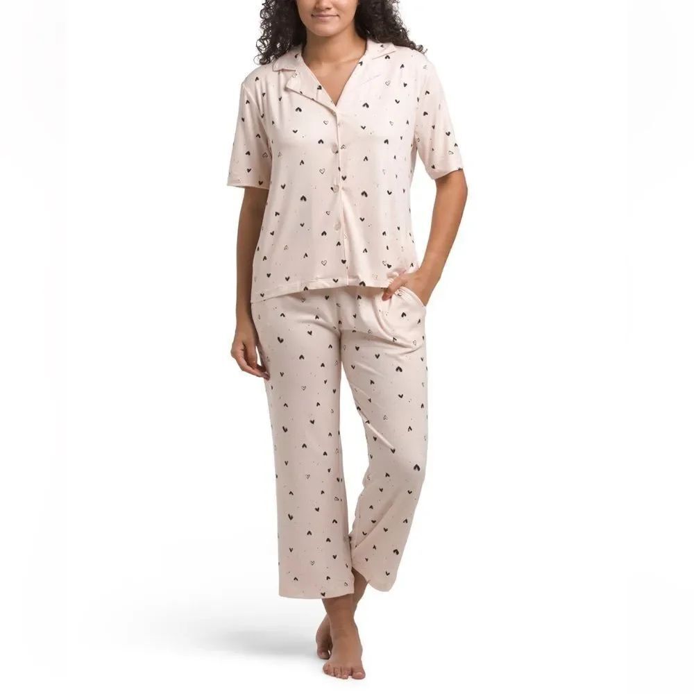 Jones NY M-L Blush Pink Black Doodle Hearts Notch Collar Short Sleeve PJ Set